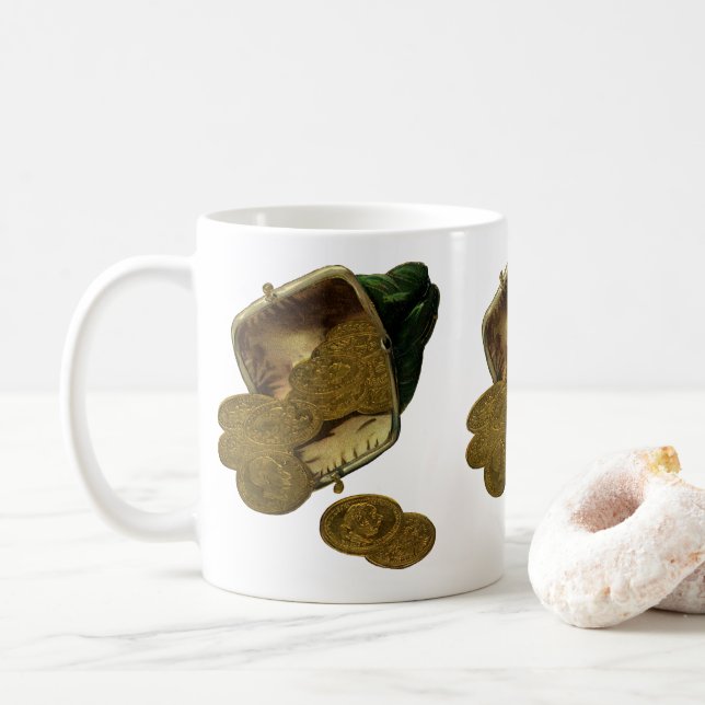 Vintage Unternehmensfinanzierung, Goldmünzen in Ge Tasse (Mit Donut)