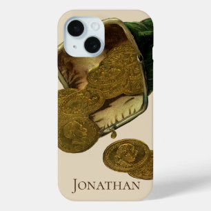 Vintage-Unternehmensfinanzierung, Goldmünzgeld im iPhone 15 Hülle