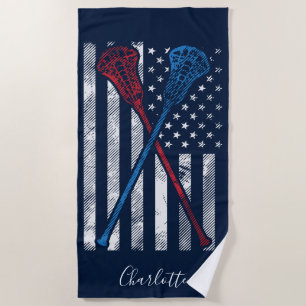 Vintage US-Flagge und Lacrosse Sticks Personalisie Strandtuch