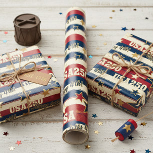 Vintage USA250 Sterne und Streifen 4. Juli ID1311 Geschenkpapier