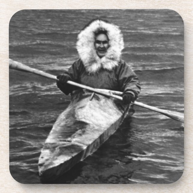 Vintage USA Alaska eskimo und sein Kajak Getränkeuntersetzer (Vorderseite)