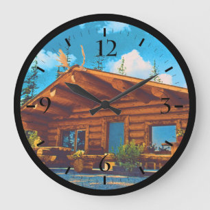 Vintage USA Alaska Moderne alaskische Blockhütte Große Wanduhr