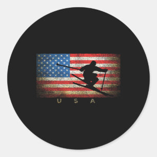 Vintage-USA-Skifahren-amerikanische-Flagge-Clic-Fr Runder Aufkleber