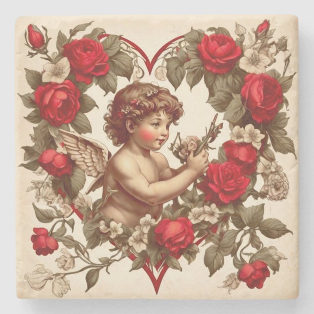 Vintage Valentine Art Liebe cupid Steinuntersetzer (Vorderseite)