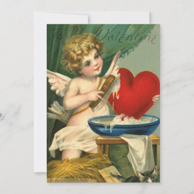 Vintage Valentine Cherub Waschen Herz Feiertagskarte (Vorderseite)
