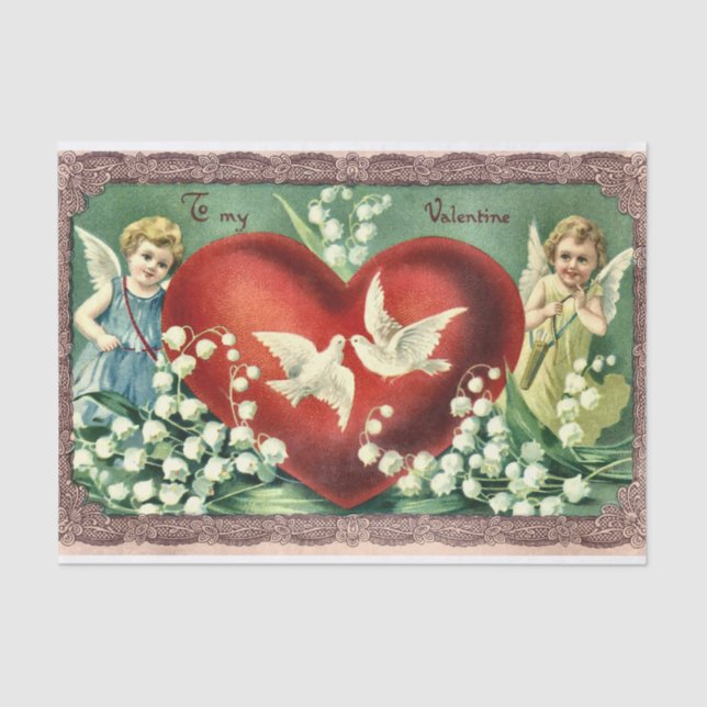 Vintage Valentine Cherubs Weiße Blume und Tauben Seidenpapier (Vorderseite)