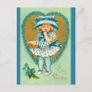 Vintage Valentine Girl in Blue Polka Dots gekleide Feiertagspostkarte