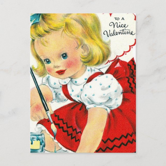 Vintage Valentine Girl Painting Feiertagspostkarte (Vorderseite)