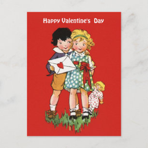 Vintage Valentine Niedliche Kinder mit Puppe und U Feiertagspostkarte