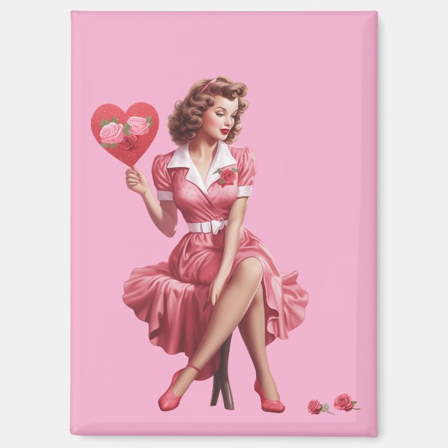 Vintage Valentine Pin-Up Girl Postcard Magnet (Vorderseite)