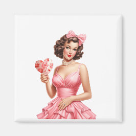 Vintage Valentine Pin-Up Girl with Heart Fan Magnet
