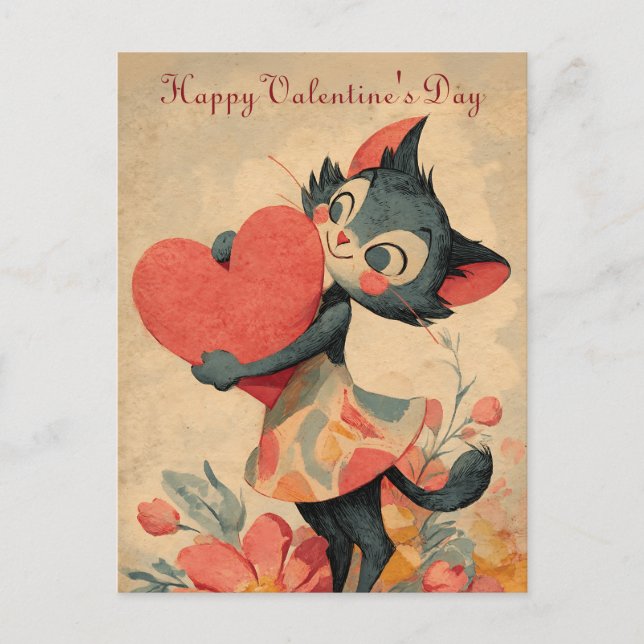 Vintage Valentine`s Day Cat With Heart  Postkarte (Vorderseite)