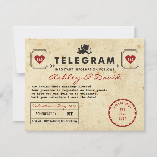 Vintage Valentine Telegrammkarte Save the Date (Vorderseite)