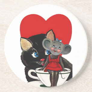 Vintage Valentine's Day, Cat Mouse Tea Cup Heart Untersetzer