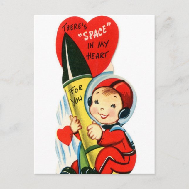 Vintage Valentinische Raketenschiff Junge Weihnach Feiertagspostkarte (Vorderseite)