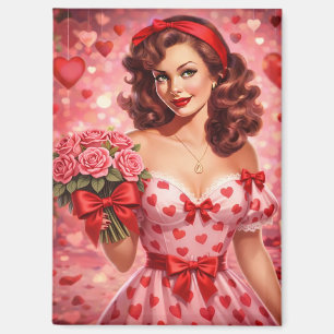 Vintage Valentins-Pin-Up-Girl mit Rosen Magnet