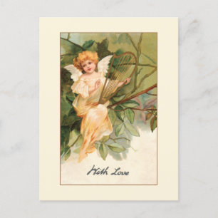Vintage-Valentinsengel mit goldener Harfe Postkarte
