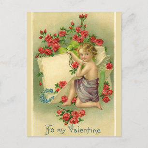 Vintage-Valentinsengel umgeben von roten Rosen Postkarte