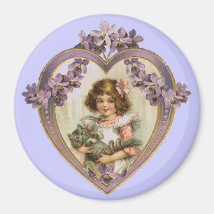 Vintage Valentinsgruß Herz Mädchen & Kätzchen Magnet