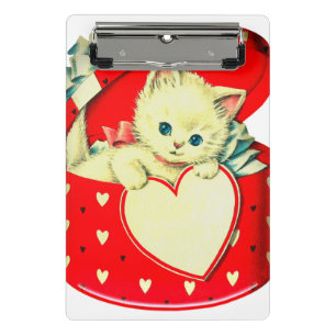 Vintage Valentinsgruß Weiße Katze in roter Herzsch Mini Klemmbrett