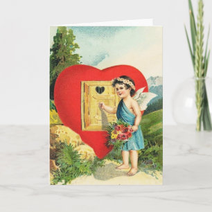 Vintage-Valentinskarte-Kupid-im-Herz-Haus Feiertagskarte
