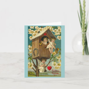 Vintage-Valentinstag-Baumhaus-Cherubs Feiertagskarte