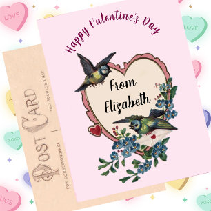 Vintage Valentinstag-Card-Bird-Blume Herz Feiertagspostkarte