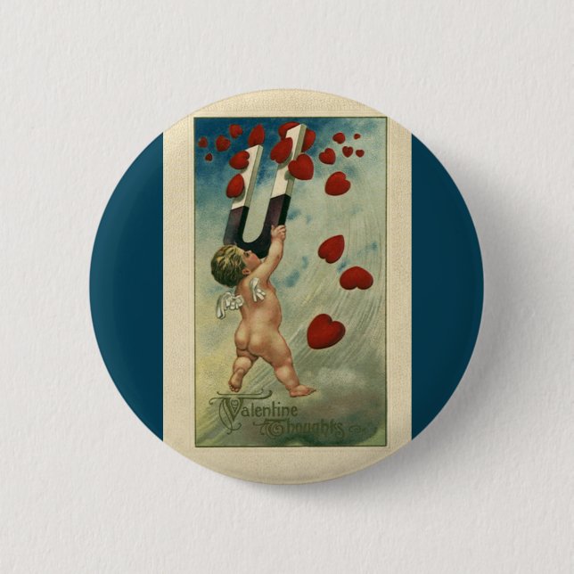 Vintage Valentinstag, Cherub mit Magnetherzen Button (Vorderseite)