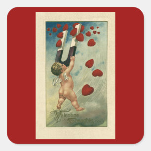 Vintage Valentinstag, Cherub mit Magnetherzen Quadratischer Aufkleber