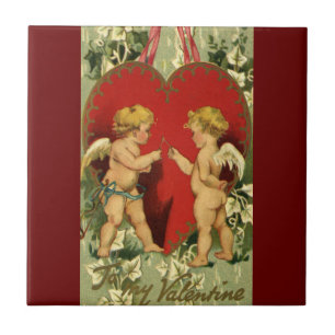 Vintage Valentinstag, Cherubs sprechen einen Wunsc Fliese
