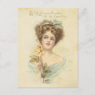 Vintage Valentinstag Elegante Dame Gelbe Rose Feiertagspostkarte