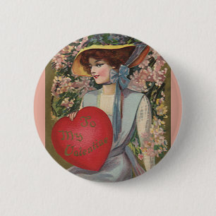 Vintage Valentinstag, elegante Dame mit Herz Button