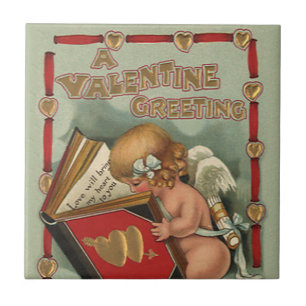 Vintage Valentinstag Engel, Cupid beim Lesen eines Fliese