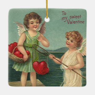 Vintage Valentinstag, Engel fischen nach Herzen Keramikornament