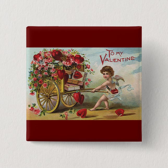Vintage Valentinstag Engel, Wagen der Liebesherzen Button (Vorderseite)