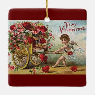 Vintage Valentinstag Engel, Wagen der Liebesherzen Keramikornament