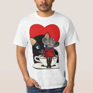 Vintage Valentinstag, Katze Maus Teetasse Herz T-Shirt