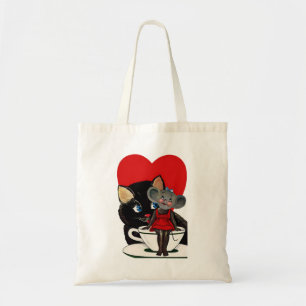 Vintage Valentinstag, Katze Maus Teetasse Herz Tragetasche