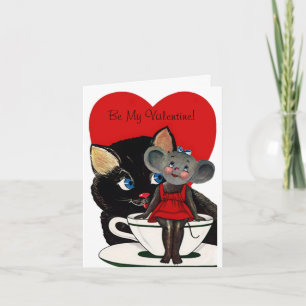 Vintage Valentinstag, Katzenmaus Teetasse Herz Feiertagskarte