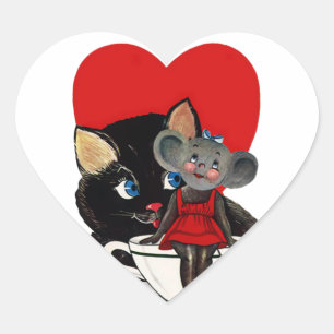 Vintage Valentinstag, Katzenmaus Teetasse Herz Herz-Aufkleber