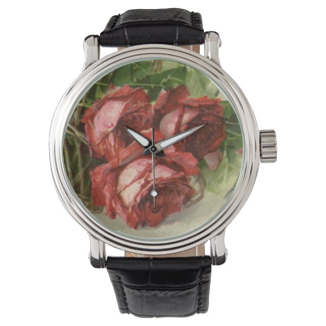 Vintage Valentinstag Liebe, Crimson-Rote Rosen Armbanduhr (Vorderseite)