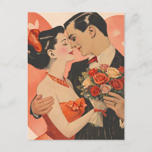 Vintage Valentinstag-Paar mit Rosen – Retro Postkarte