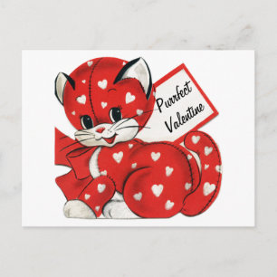Vintage Valentinstag Rote Katze Weiße Herzen Retro Feiertagspostkarte