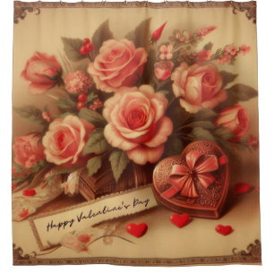 Vintage Valentinstag Schokolade und Blume Duschvorhang