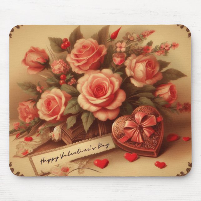 Vintage Valentinstag Schokolade und Blume Mousepad (Vorne)