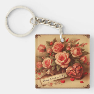 Vintage Valentinstag Schokolade und Blume Schlüsselanhänger