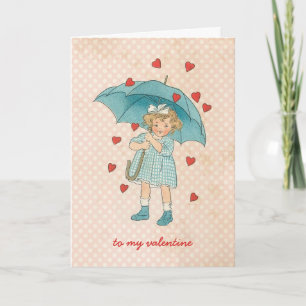 Vintage Valentinstag Süßes Mädchen Regnende Herzen Feiertagskarte