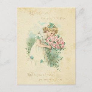 Vintage Valentinstag Süßes Mädchen Rosa Rosen Lieb Feiertagspostkarte