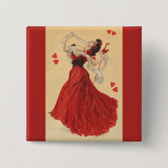 Vintage Valentinstag, tanzende Dame rote Herzen Button (Vorderseite)