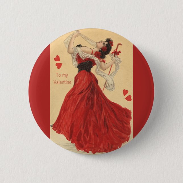 Vintage Valentinstag, tanzende Dame rote Herzen Button (Vorderseite)